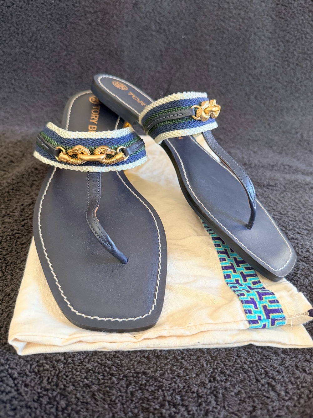 Tory Burch Navy Thong Sandals with Gold Chain & Green & Cream Braided Trim